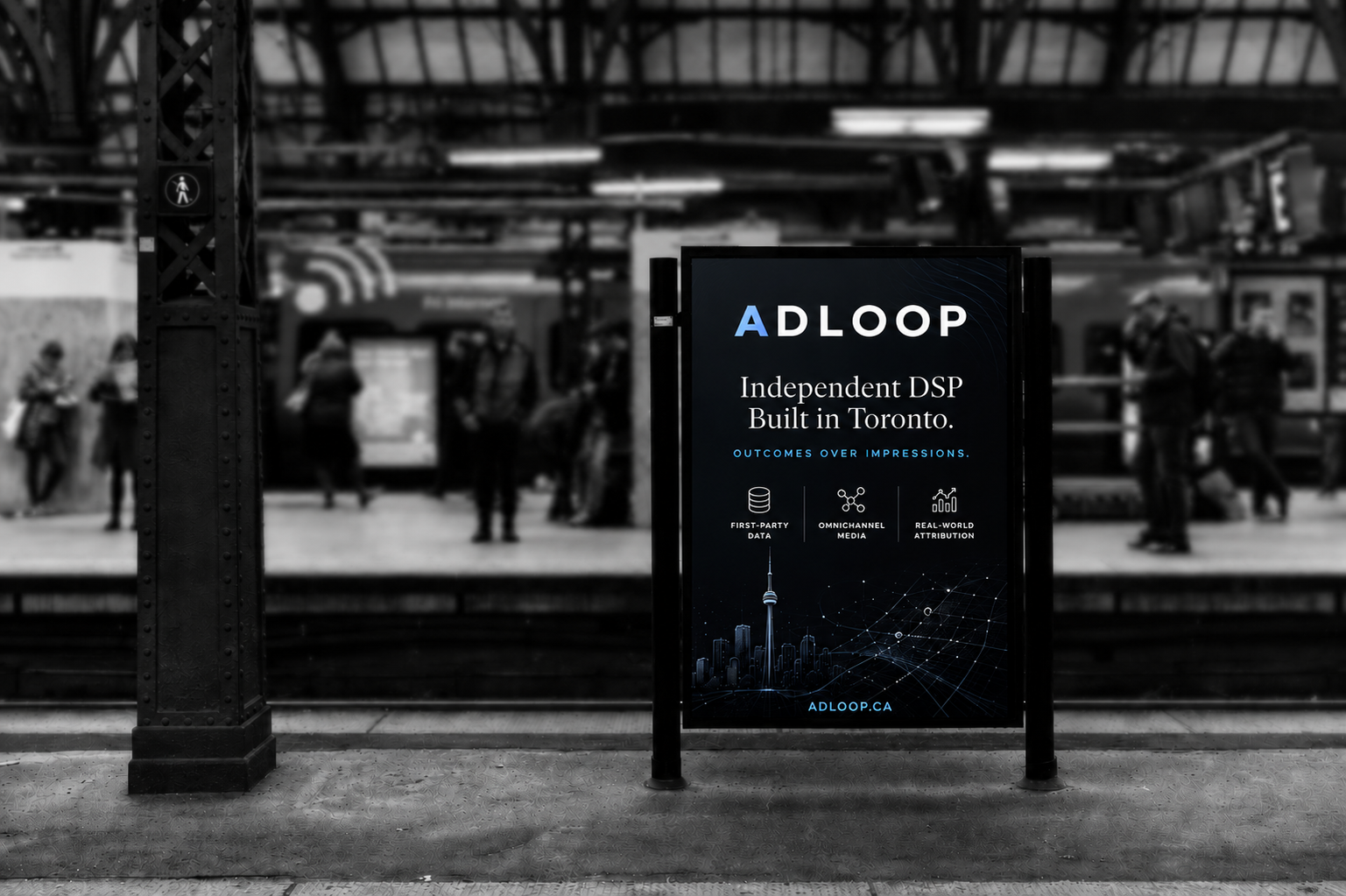 Adloop out-of-home advertising panel on a Toronto transit platform — Independent DSP Built in Toronto.