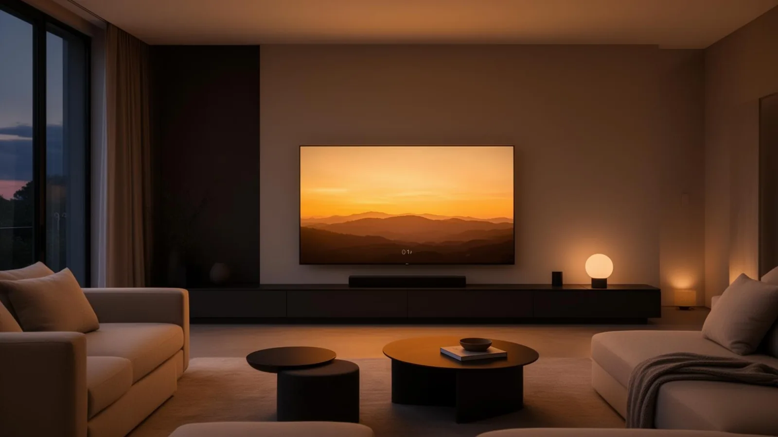 Modern living room with a connected TV glowing softly at dusk