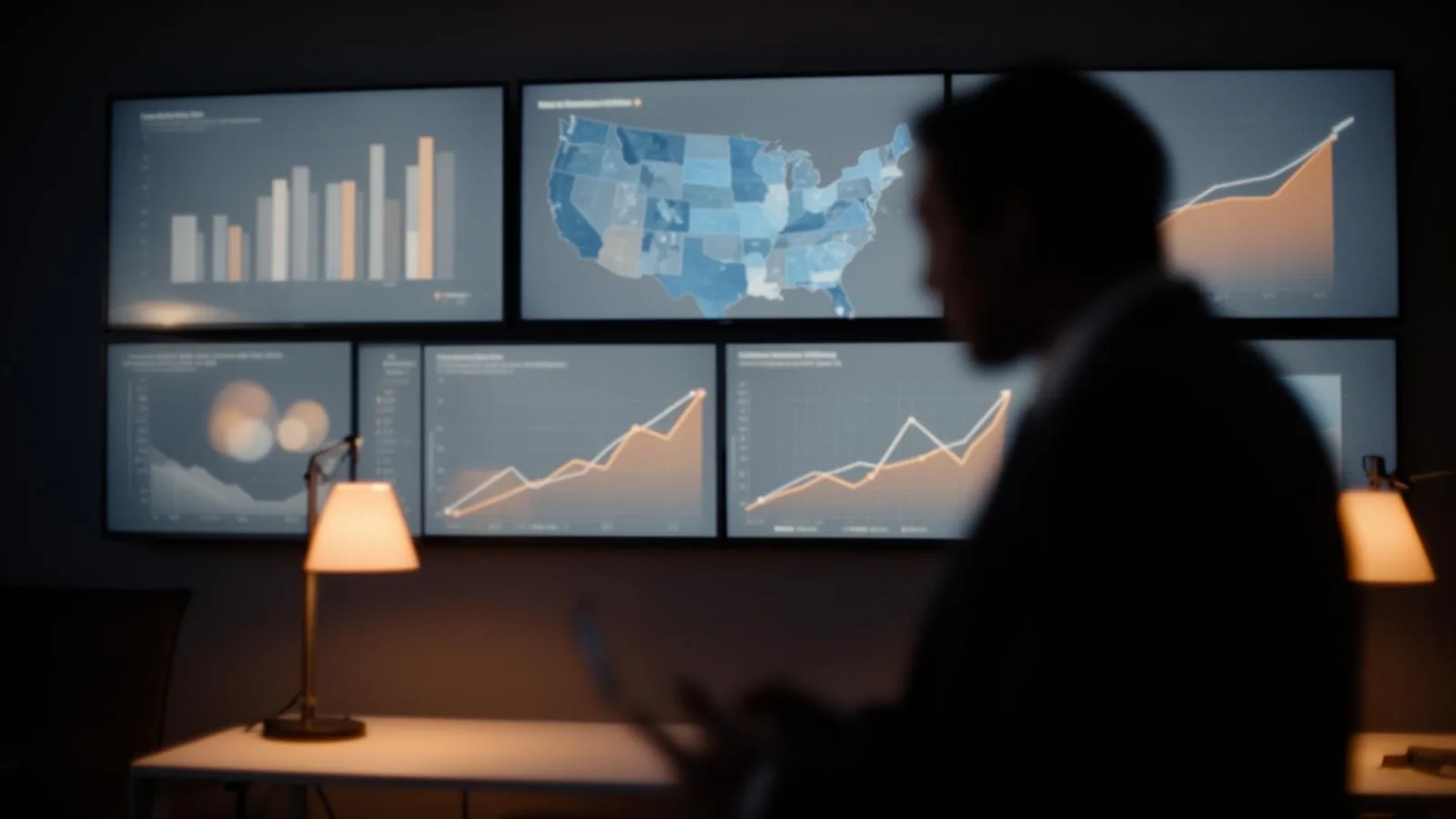 Campaign strategy war room at dusk with a wall of screens showing maps and trend charts