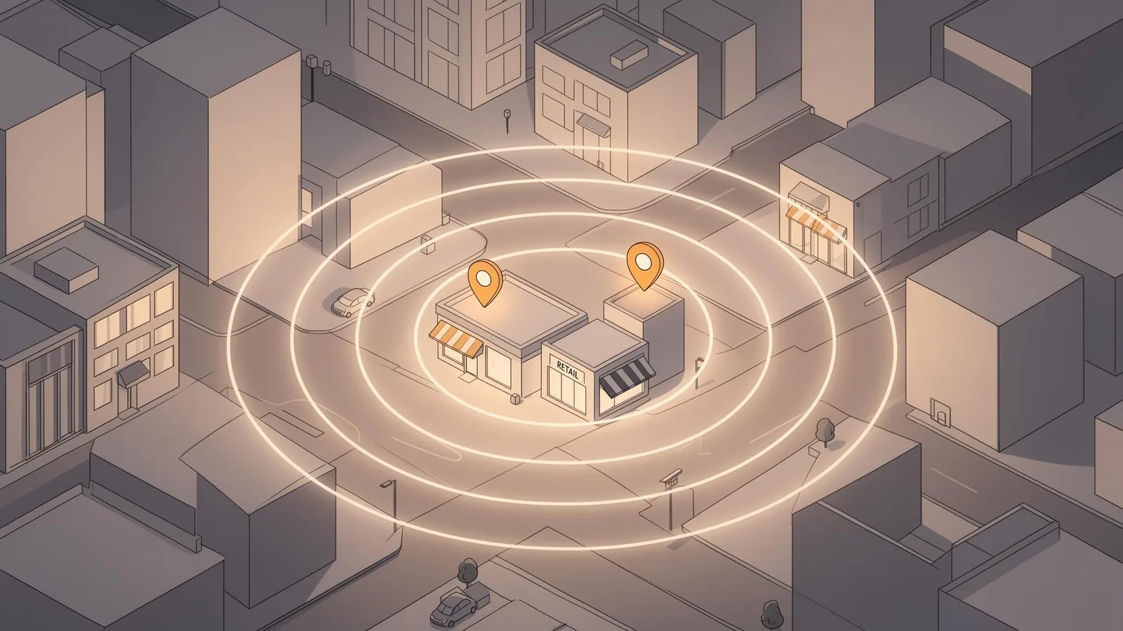 Overhead isometric city block with glowing geofence rings around retail storefronts