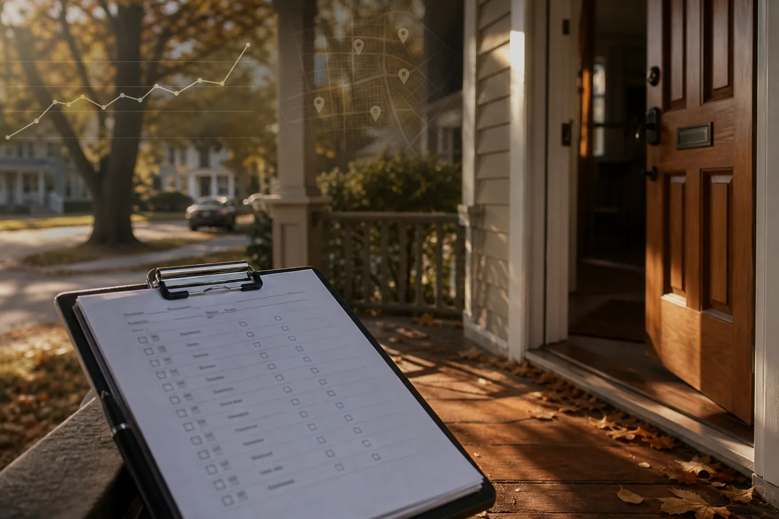 A canvasser holding a clipboard at dusk with a phone showing a soft analytics dashboard