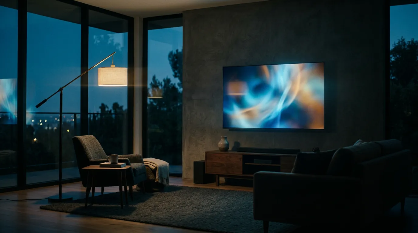 A modern living room at dusk with a large connected TV glowing on the wall