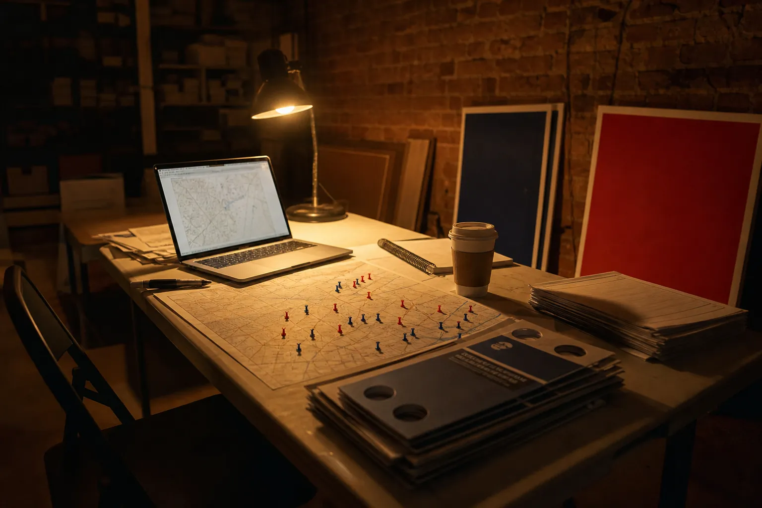 An empty campaign field office at night with maps and tactical notes