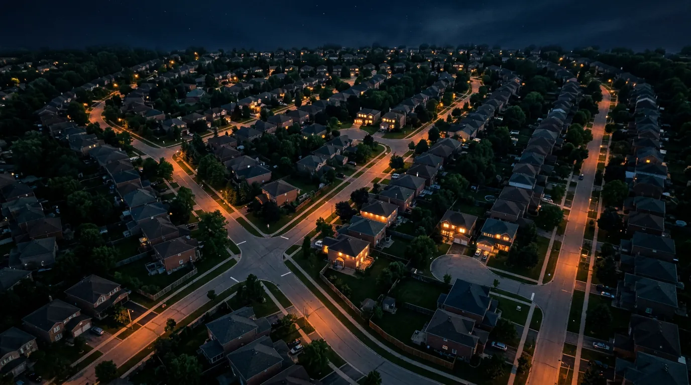 Aerial nighttime view of a suburban neighborhood with selected houses glowing